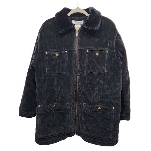 Vintage Jones New York Sport Black Velour Quilted Zip Front Fur Collar Jacket, M - Picture 1 of 9
